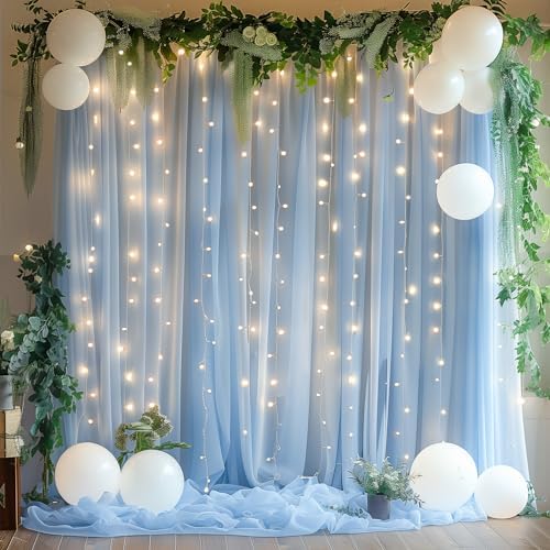 30×10ft Blue Tulle Backdrop Curtain with Lights String for Parties, Sheer Photo Backdrop Curtains for Wedding Party Photography Background - Image 2