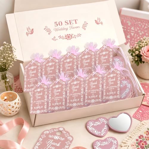 50 Set Cielito Lindo Mexican Baby Shower Party Favors, Heart-Shaped Mirrors with Organza Bags & Thank You Cards, Pink Talavera Party Gifts Bulk for Guests Bridal Shower Wedding Gender Reveal Party - Image 5