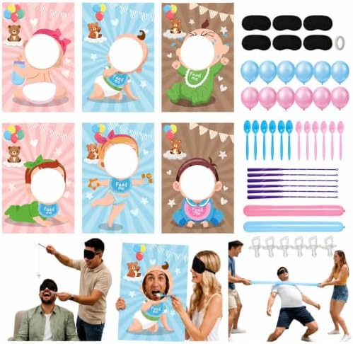 Cinrobiye 6 Set Baby Shower Games Kit Feed the Baby Shower Game with Pacifier Fishing Game, Balloon Baby Bump Limbo Challenge, Blindfold Team Party Activities for Gender Reveal Baby Shower by Cinrobiye