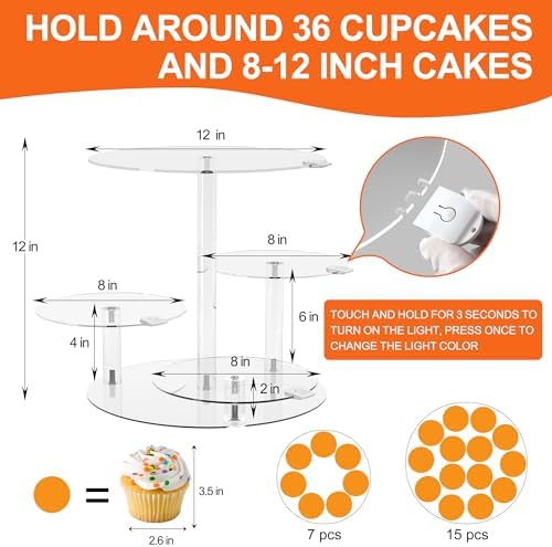 Cake Stand with Rechargable LED Light, Round Light Up Cupcake Stand, Cupcakes and Cakes Comb for 8-12 Inch Cakes, Tiered Cake Tree Tower, Clear Dessert Display Stand for Wedding Birthday Party - Image 6