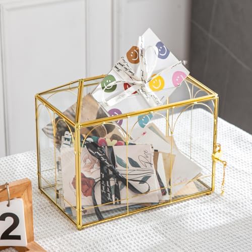Glass Cards Box with Slot & Lock - 10.2" x 5.9" x 8" Vintage Geometric, Wedding Receptions, Home Reception, Tabletop Decor, Christmas Party, Gold - Slot Length 6.1 Inches - Image 2
