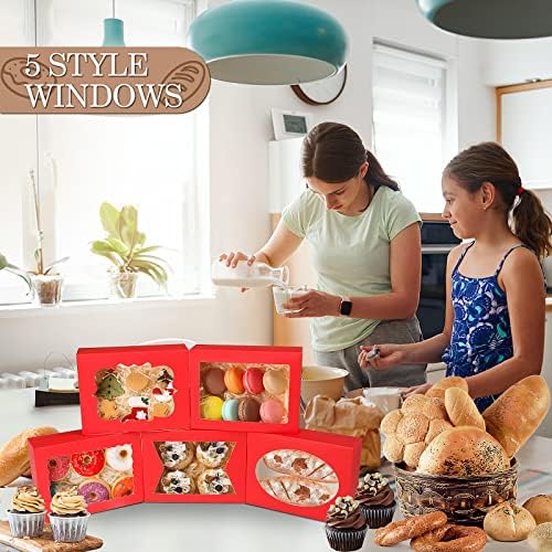 KPOSIYA 65 PCS 8x6x2.5 Inch Cookie Boxes with Window Red Bakery Boxes Pastry Boxes for Gift Giving, Treat, Dessert, Cupcakes, Chocolate, Strawberries, Donuts, Muffins (5 Style Windows) - Image 5
