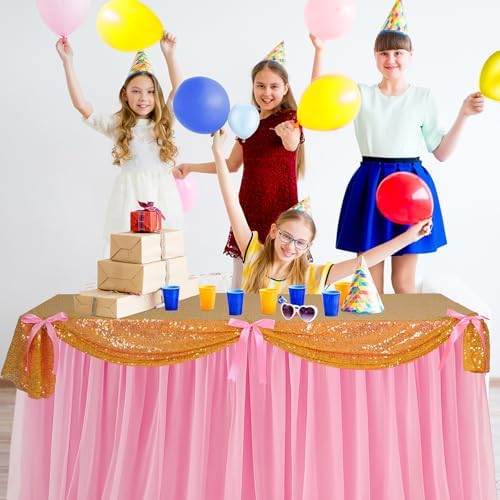 5 Pcs Pink Gold Table Skirt Set for Princess Birthday Party 30 x 108 in - Image 5