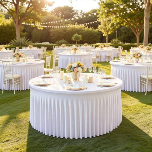 4 Pack White Round Spandex Tablecloths, 5FT/60In Fitted Stretchy Table Cloth with Skirt, Washable Tablecloth, Circle Wrinkle Free Table Cover for Wedding Party Dining Banquet Events - Image 3