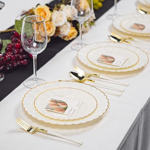 HOMIP 150PCS Ivory Plates with Gold Disposable Silverware - Include 60 Scalloped Plastic Plates, 30 Knives, 30 Forks, 30 Spoons Elegant & Lightweight for Weddings, Birthdays, Parties - Image 6