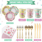 Layhit 83 Pcs Disposable Tea Party Set with 3 Tier Cake Stand Vintage Floral Paper Cups Plates Napkins Cutlery for Women Girls Birthday Baby Shower Bridal Shower Tea(Novel) - Image 2