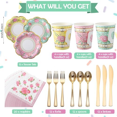 Layhit 83 Pcs Disposable Tea Party Set with 3 Tier Cake Stand Vintage Floral Paper Cups Plates Napkins Cutlery for Women Girls Birthday Baby Shower Bridal Shower Tea(Novel) - Image 2