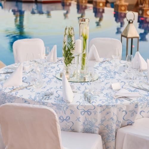 Ganeen 12 Pcs Blue Bow Floral Round Tablecloth 84 in Disposable Table Cover - Image 5