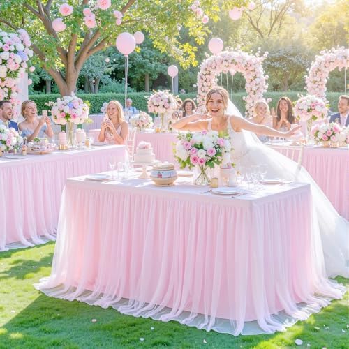 6 Pack Pink Table Cloth for 6 Foot Rectangle Tables, Pink Stretch Fitted Tulle Table Covers Skirt, Rectangular Ruffle Tutu Tablecloth Wedding Banquet Baby Shower Cake Tablecloths Decorations - Image 7