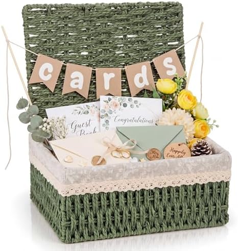 Gerrii Wedding Party Decoration 12 x 9.4 x 5.3 in Large Wicker Storage Basket with Lid Wedding Card Box and Card Banner Set Money Envelope Box Gift for Baby Shower Favor Supplies(Sage Green) by Gerrii