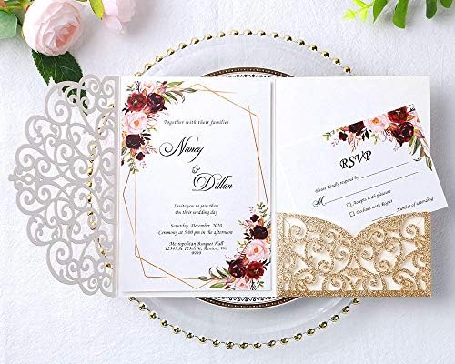 ponatia 5.12 x 7.2 Laser Cut Invitation Pocket, 20PCS Tri-Fold 5 x 7 Laser Cut Wedding Invitation Pockets with Envelopes for Wedding Bbay Shower Birthday Invite (Gold Glitter, No Inner Sheet) - Image 3