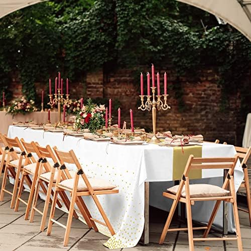24Pack Disposable Plastic Tablecloths and Satin Table Runner Set White and Gold Dot Tablecloth Gold Satin Table Runner for Wedding Birthday Baby Shower Anniversary Christmas New Year Party Decorations - Image 6