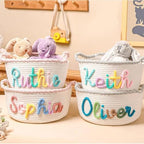 Personalized Cute Small Woven Basket with Handles, Custom Cotton Rope Room Shelf Storage Basket, Empty Decorative Gift Basket, Decorative Round Bin for Nursery Bedroom Bathroom (Style J) - Image 3
