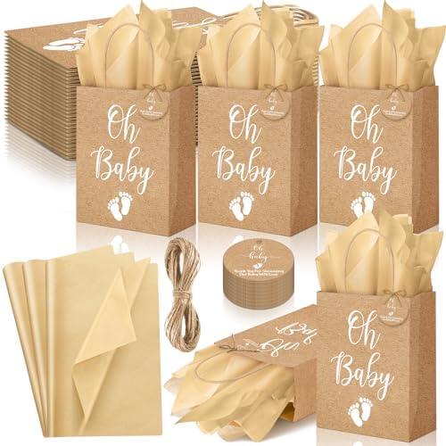 50 Pack Oh Baby Party Favors Bags with Tissue Papers Rustic Kraft by Saypacck