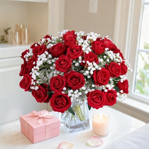 35 PCS Red Roses Artificial Flowers, Fake Roses with Stem Realistic Silk Rose for DIY Wedding Bouquets Table Centerpieces Arrangements Baby Shower Birthday Home Decor Valentines Day Gift for Her - Image 6