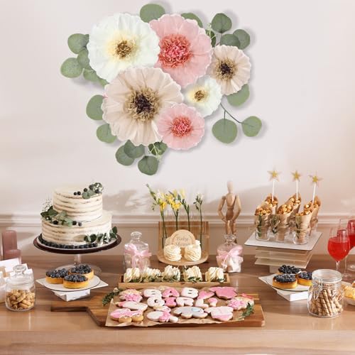 Lincia 80 Pcs Giant Tissue Paper Flowers with Artificial Eucalyptus Leaves, Large Paper Flower Decoration for Wall Tea Party Supplies Baby Shower Birthday Nursery Room Wedding(Elegant Color,19''/12'') - Image 4
