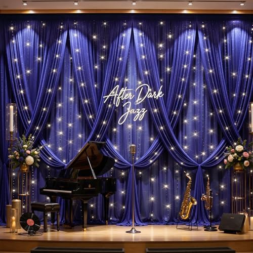 20x10FT Navy Blue Wrinkle Free Backdrop Curtains with Lights String for Parties - Photo Curtain Backdrop with Lights for Wedding Decorations, Bridal Baby Shower Birthday Party Photography Background - Image 2
