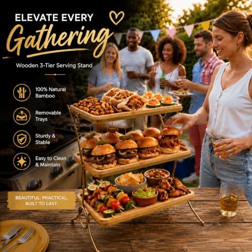 Wooden 3 Tier Serving Stand- Bamboo & Gold Tiered Dessert Tray for Party, Cupcakes, Cake Display, Wedding Reception, Food Serving Platter - Image 4