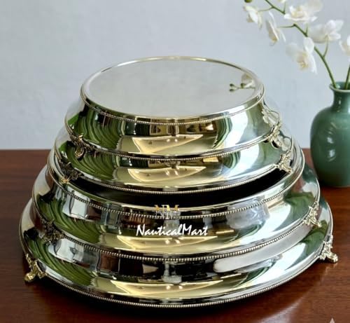 NauticalMart Aluminum & Brass Cake Stand Set, Elegant Round Dessert Display Pedestal, Polished Metallic Wedding Cake Stands for Party Table Centerpiece Decor (20 Inches) by NauticalMart