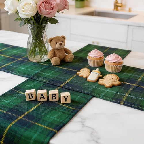 12 Pcs 72 X 13 Tartan Plaid Table Runner, Green Blue Tartan Baby Shower - Image 6
