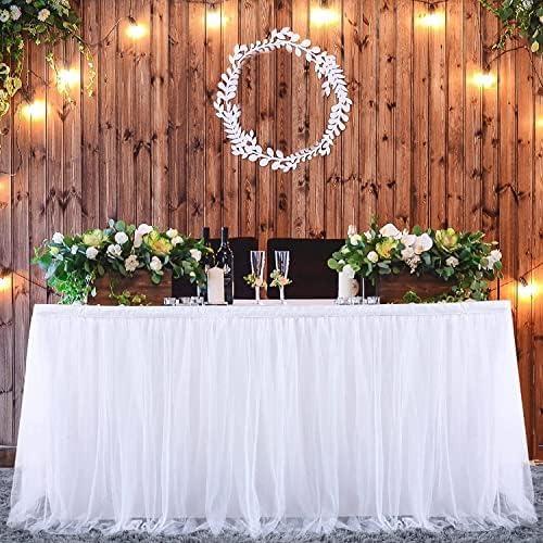 132in White Tulle Table Skirts for Rectangle Tables 8/6/4ft, 2-Layer Gold Grim Ruffle Tulle Tutu Cloth Table Skirt 11ft Long for Wedding Birthday Party Baby Shower Cake Dessert Tables(No Table Cover) - Image 4