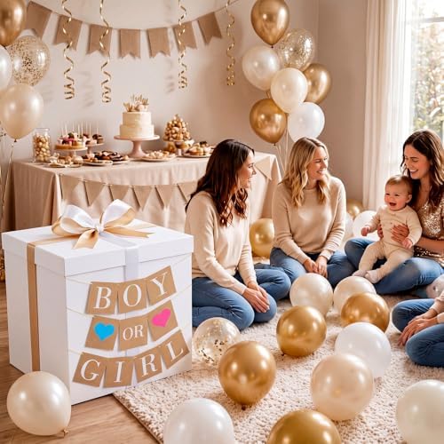 VercanMonth 28 Inches Giant Gender Reveal Gift Box with Lid Kit Extra Large White Gift Box with Boy or Girl Party Banner and White Gold Ribbons for Gender Reveal Birthday Party Baby Shower Decor - Image 6