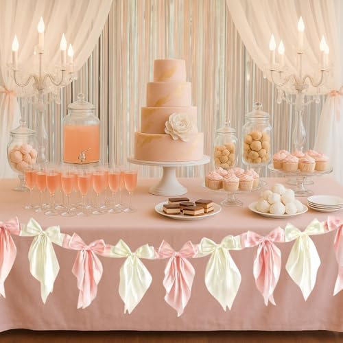2pcs White Pink Bow Garland Banner 82.7 inch, Satin Ribbon Bow Decorations for Birthday Bachelorette Engagement Wedding Party and Anniversary Decor - Image 4