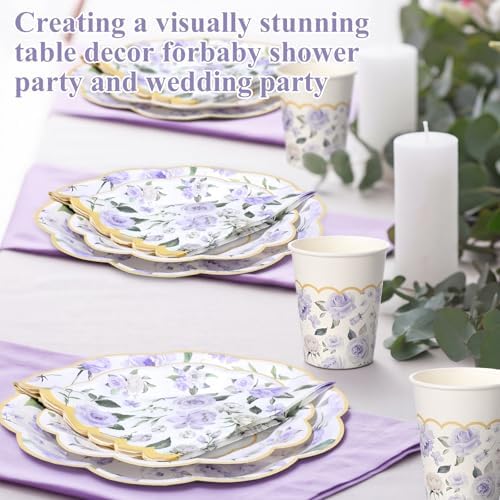 Funnymoom 250 Pcs Purple Gold Floral Paper Plates Napkins Cups Serves 50 - Image 5