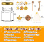 60 Pack Mini Glass Honey Jars Party Favors,1.5 oz Small Hexagon Glass Honey Jars with Dippers,Lids,Gold Bags,Bee Charms,Thank You Cards,Jute,Cute Stickers for Baby Shower Favors,Wedding party gift - Image 2