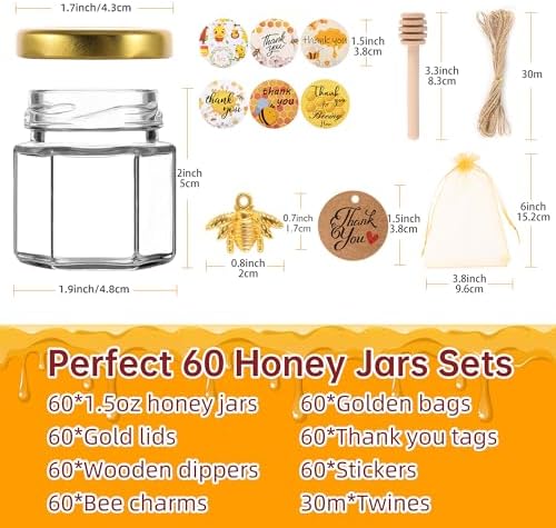 60 Pack Mini Glass Honey Jars Party Favors,1.5 oz Small Hexagon Glass Honey Jars with Dippers,Lids,Gold Bags,Bee Charms,Thank You Cards,Jute,Cute Stickers for Baby Shower Favors,Wedding party gift - Image 2