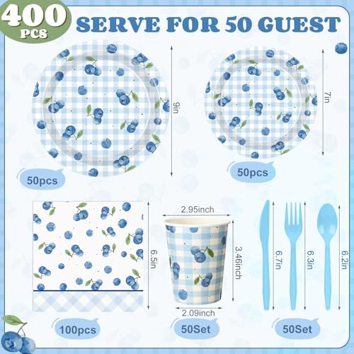 Funnymoom 400 Pcs Blueberry Birthday Party Supplies for 50 Guest Cute Fruit Checked Disposable Plates Napkin Cup Spoon Fork Knives for Birthday Baby Shower Anniversary Indoor Outdoor Party Supplies - Image 2