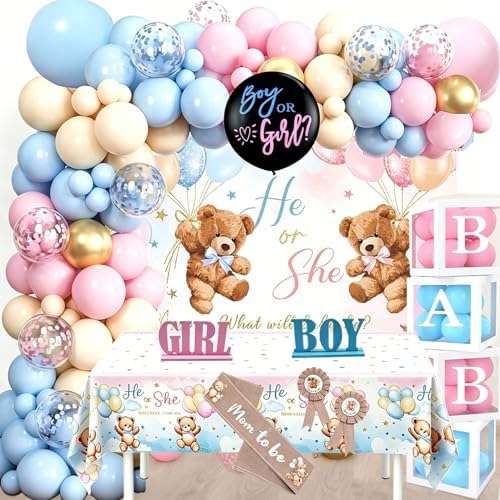 Gender Reveal Decorations Pink Blue Balloon Arch Garland Kit, Bear Theme, Baby Shower Party Pack With Balloon Boxes,Backdrop,Wood Table Sign,Tablecloth,...170PCS For Girl Boy Gender Reveal by LEZIEBIRE