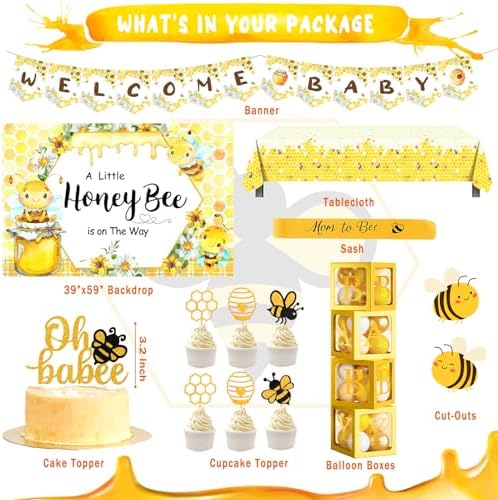 Party Inspo Bee Baby Shower Decorations, Bumble Bee Baby Shower Decor, A Little Honey is On The Way Backdrop Balloon Banner Tablecloth Cake Cupcake Topper Box Sash Cutouts - Image 2