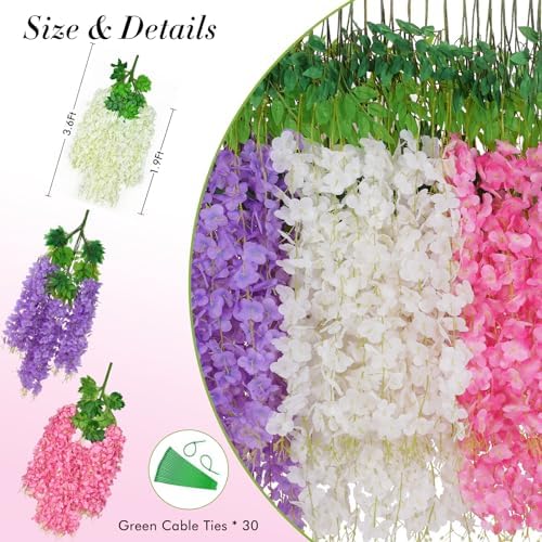 Waipfaru 24 Pack Wisteria Hanging Flowers, 3.6 Feet Wisteria Artificial Flowers, Wisteria Garland, Hanging Flowers for Wedding Decoration, Vines for Bedroom Home Wall Decor (White & Pink & Purple) - Image 4