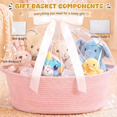 OIAHOMY Large Gift Basket Empty 18.5" x 13.8" x 7.5", Storage Basket with Gift Bag, Ribbon and Glitter Tulle for DIY Anytime, Toy Storage for Kids, Dogs with Handles in A Stylish Design - Pink - Image 3