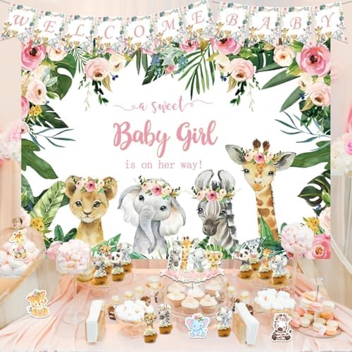 147 PCs Safari Baby Shower Decorations for Girl, Party Inspo Jungle Themed Baby Shower Décor Backdrop Balloon Garland Artificial Leaves Banner Tablecloth Cake Cupcake Topper Boxes Cutout Deer Pink - Image 6