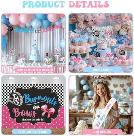 Burnouts or Bows Gender Reveal Decorations, Baby Boy or Girl Gender Reveal Party Decorations, What Will the Baby Be Backdrop Balloon Banner Tablecloth Cake Cupcake Topper Box Sash Pink Blue - Image 3