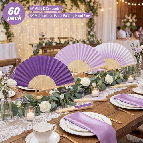 Paper Folding Hand Fans for Party, Gradient Purple, 60 Pcs - Image 3
