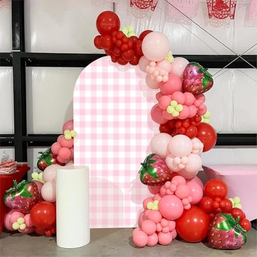 Pink Strawberry Stretchy Arch Cover Backdrop Photo Booth Background Birthday Baby Shower Baptism Party Decoration Curved Top Frame Spandex (GX-2668,5x3ft) - Image 4