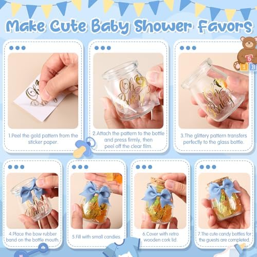 Funnymoom 24 Sets Baby Shower Bottles Favors for Guests Glass 100 ml Milk Jar with Ribbons and Stickers Decorations for Gender Reveal Newborn Centerpiece Party Favor(Dusty Blue,Baby) - Image 5