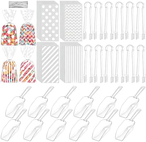 Clear Candy Bar Party Supplies Kit, 60 White Pattern Cellophane Treat Bags, 12 Clear Plastic Mini Candy Scoops & Food Tongs for Wedding Baby Shower Dessert Table by Unknown