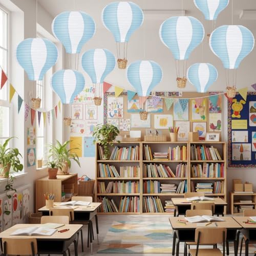 Meooeck 10 Pcs Hanging Hot Air Balloon Decorations Paper Lanterns 12 Inch Reusable Hot Air Balloon Decor Paper Lanterns Set for DIY Craft Wedding Birthday Christmas Home Living Room (Blue White) - Image 6