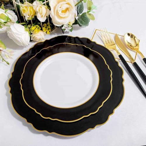 WDF 30Guest Black and Gold Plastic Plates - Gold Plastic Silverware With Black Handle Baroque Black and Gold Disposable Dinnerware for Wedding/Party/Birthday/Halloween - Image 5