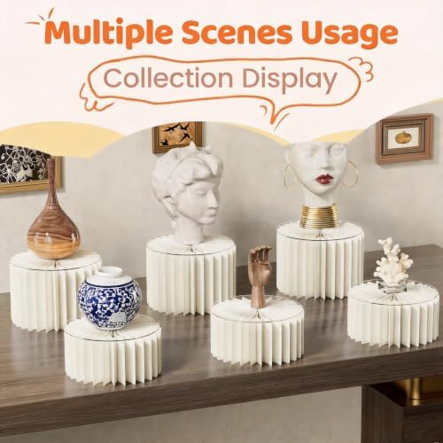 HeiMma 4 Pack Buffet Risers, FOLDABLE Accordion Food Display Risers for Dessert Table,Dessert Table Display Set, White Cardboard Cylinder Cake Cupcake Stands for Party, Multi-height, 12in Round - Image 6