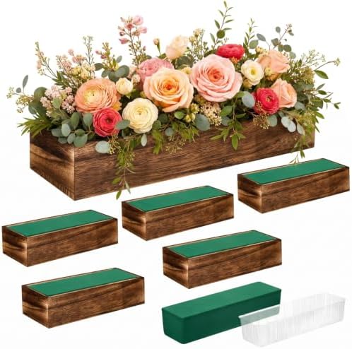 Dandat 6 Set Wood Rectangle Boxes 12x4 Inch Rustic Planter with Liner by Dandat