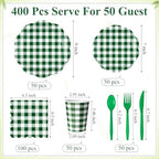 Funnymoom 400 Pcs Gingham Party Supplies for 50 Guests Dark Green and White Paper Plates and Napkins Knives Spoon Fork Cup Disposable Checkered Dinner Party Set Cutlery for Baby Shower Wedding Favor - Image 3