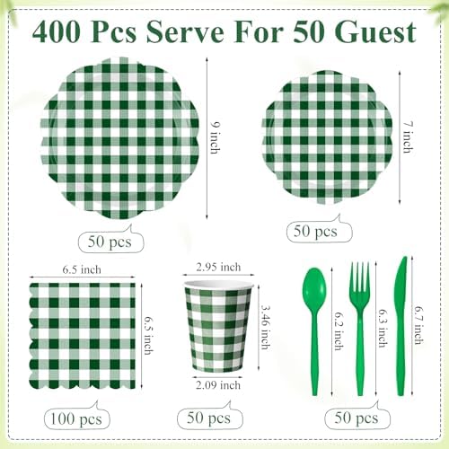Funnymoom 400 Pcs Gingham Party Supplies for 50 Guests Dark Green and White Paper Plates and Napkins Knives Spoon Fork Cup Disposable Checkered Dinner Party Set Cutlery for Baby Shower Wedding Favor - Image 3