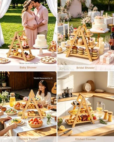Jotsport Natural Bamboo 3-Tier Serving Tray Foldable Cupcake Stand - Image 2