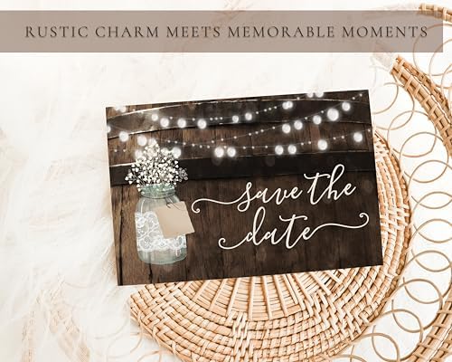 Your Main Event Prints 50 Rustic Mason Jar Save The Date Cards for Wedding, Engagement, Anniversary, Baby Shower, Birthday Party, Wood Save The Dates Postcard Invitations (Pack of 2) - Image 6