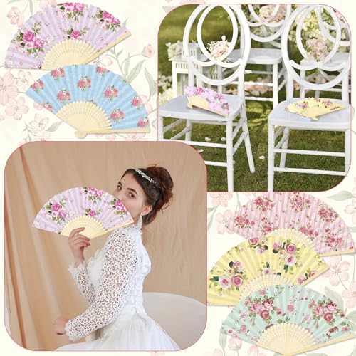 Aodaer 50 Pack Tea Party Favor Floral Printed Hand Fans with Organza Bags Bulk Wooden Storage Box Retro Pattern Paper Handheld Folding Fans for Spring Picnic Bridal Shower Wedding Bridesmaid Gifts - Image 5